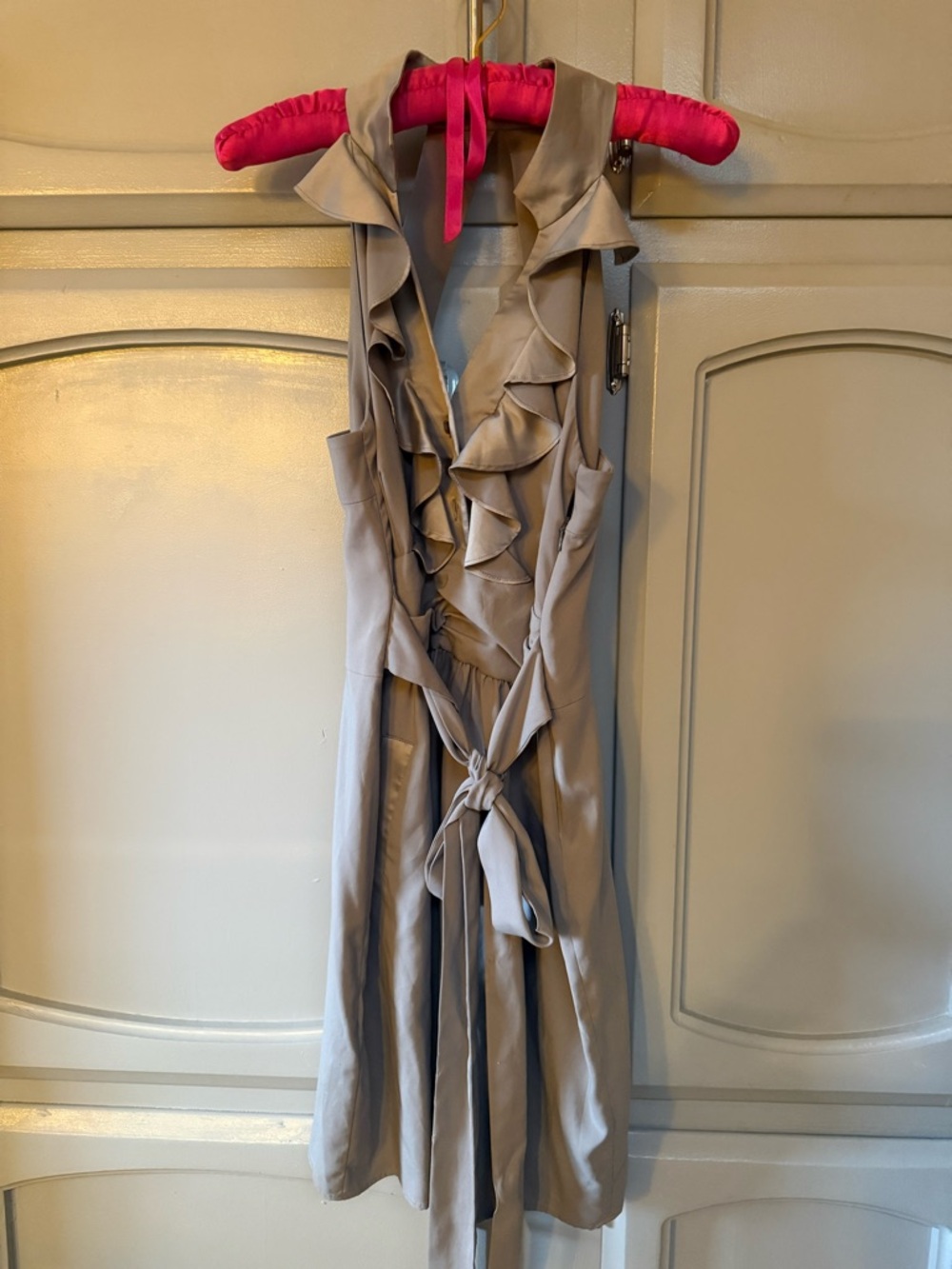 BCBG Ruffled Sleeveless Tie-Front Dress in Taupe